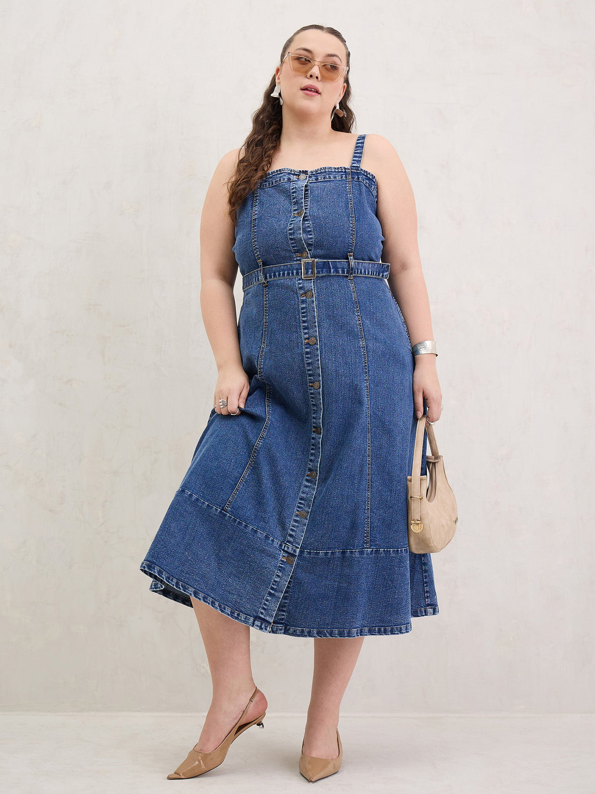 Navy Wash Denim Sleeveless Midi Dress-SASSAFRAS Curve