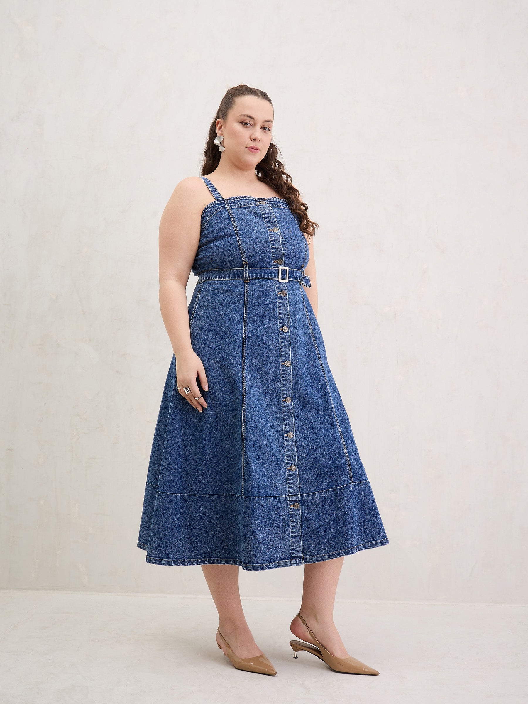 Navy Wash Denim Sleeveless Midi Dress-SASSAFRAS Curve