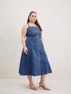 Navy Wash Denim Sleeveless Midi Dress-SASSAFRAS Curve