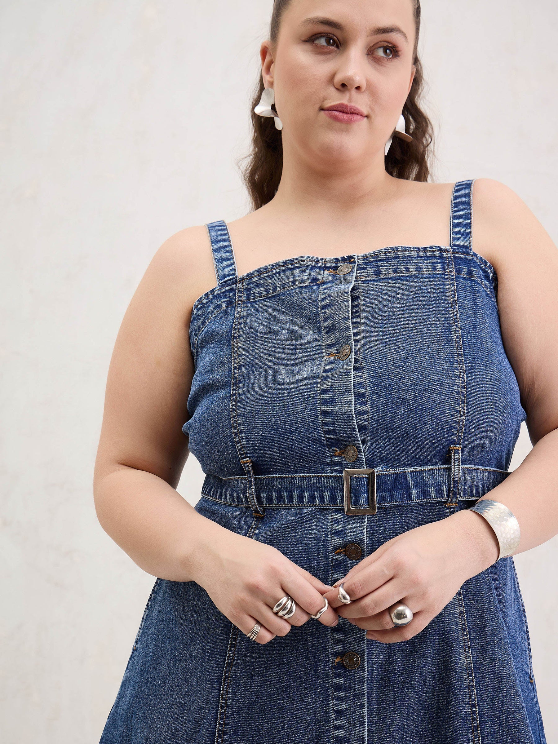 Navy Wash Denim Sleeveless Midi Dress-SASSAFRAS Curve