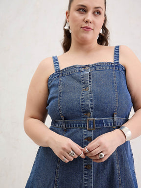Navy Wash Denim Sleeveless Midi Dress-SASSAFRAS Curve