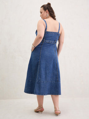 Navy Wash Denim Sleeveless Midi Dress-SASSAFRAS Curve