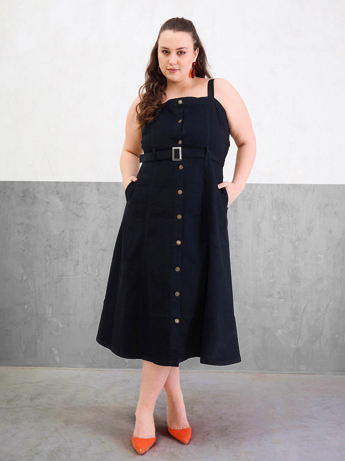Black Wash Denim Sleeveless Midi Dress-SASSAFRAS Curve