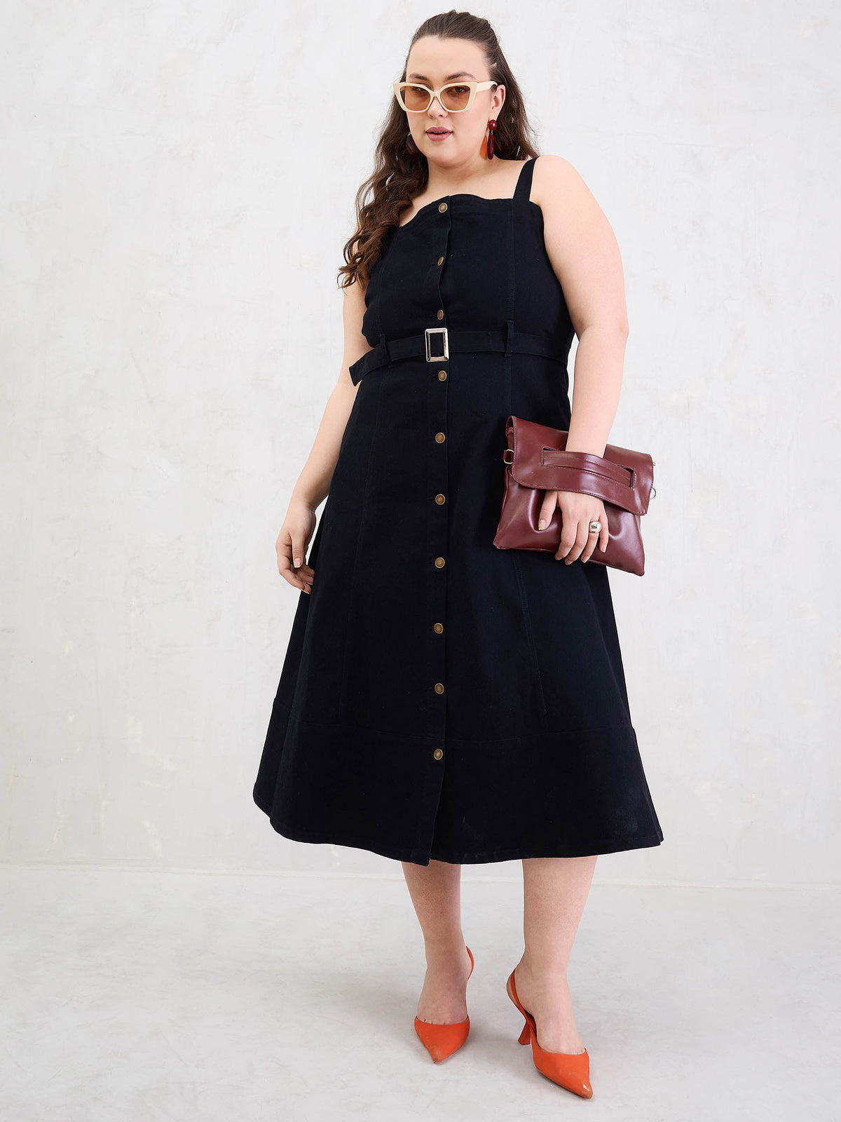 Black Wash Denim Sleeveless Midi Dress-SASSAFRAS Curve