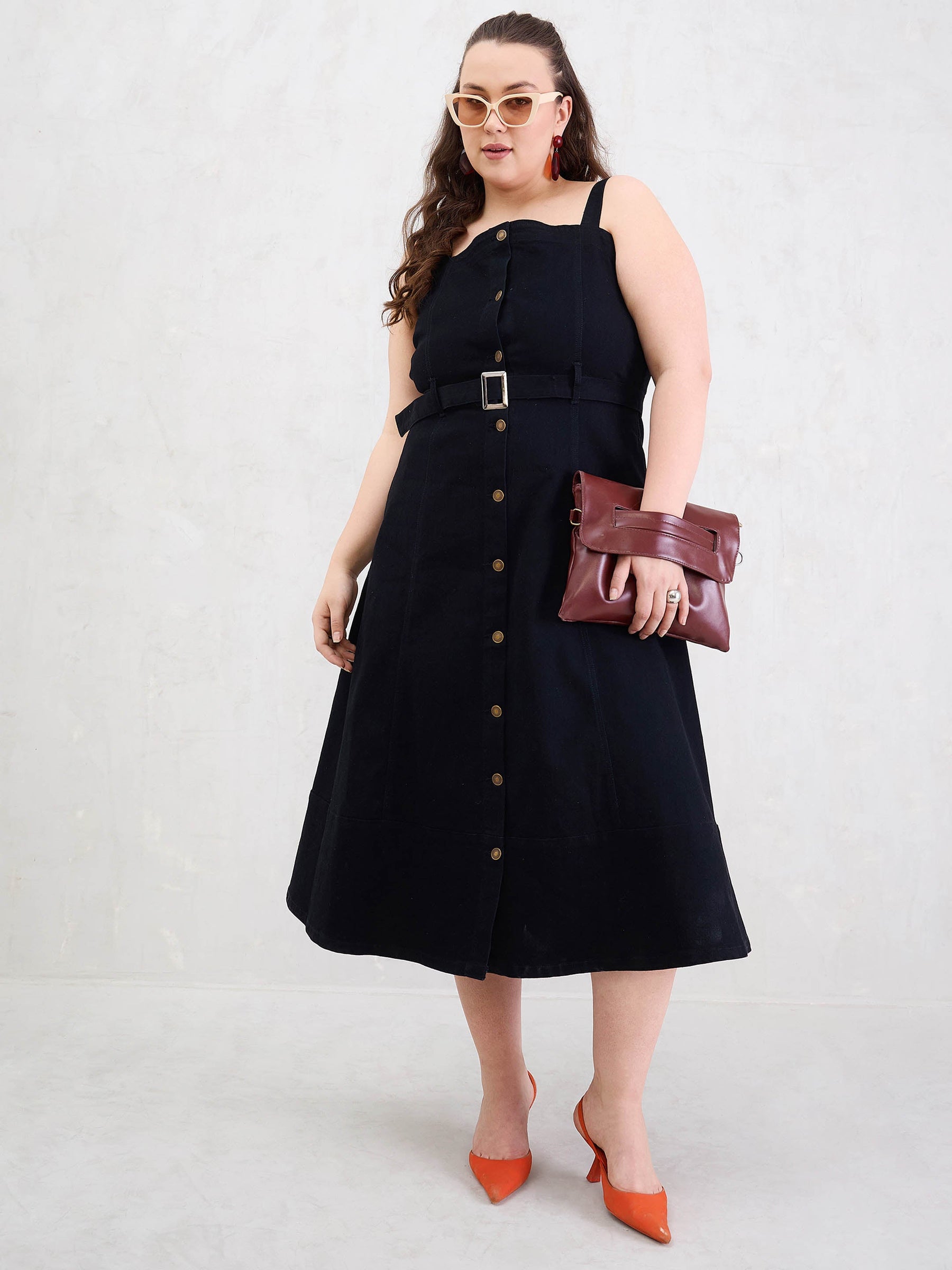 Black Wash Denim Sleeveless Midi Dress-SASSAFRAS Curve