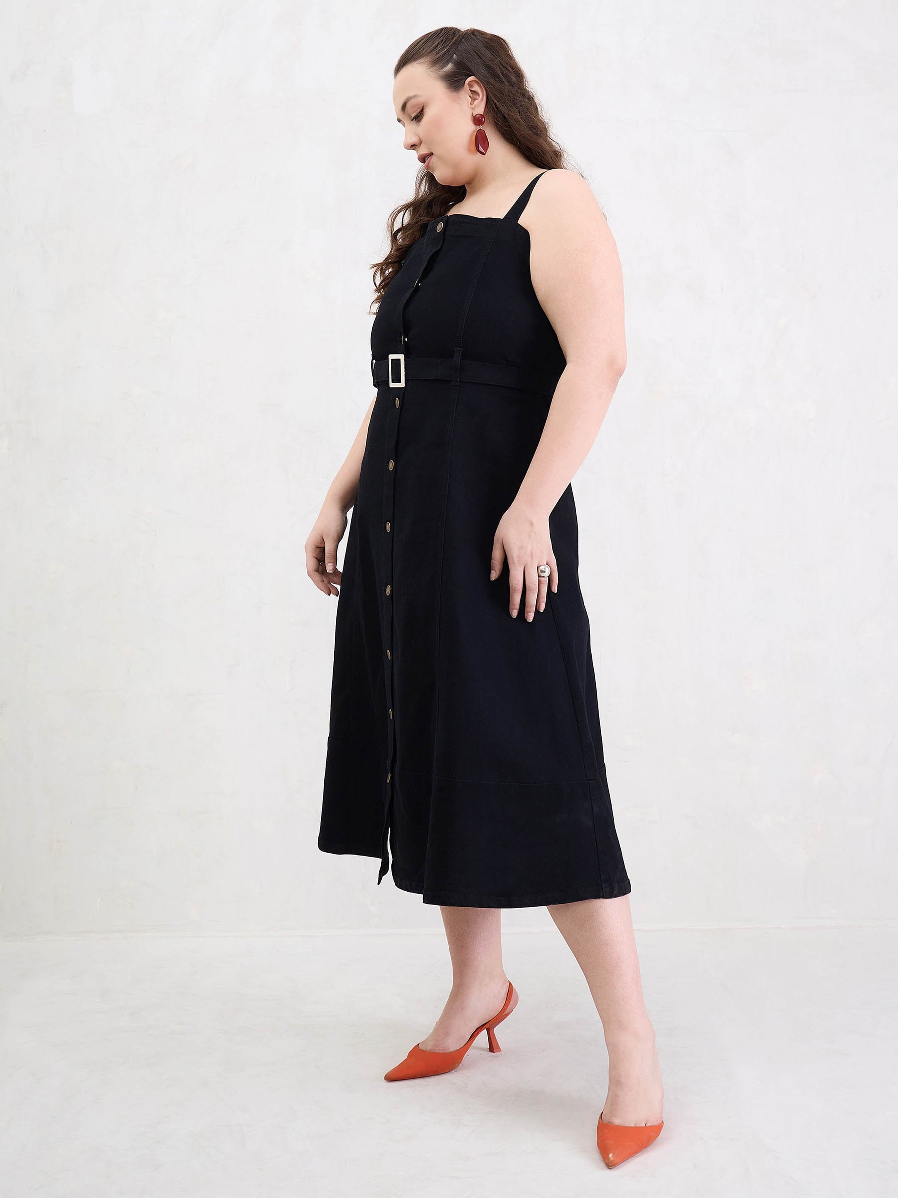 Black Wash Denim Sleeveless Midi Dress-SASSAFRAS Curve