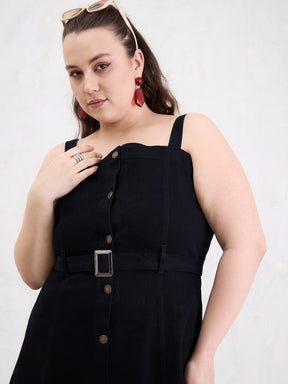 Black Wash Denim Sleeveless Midi Dress-SASSAFRAS Curve