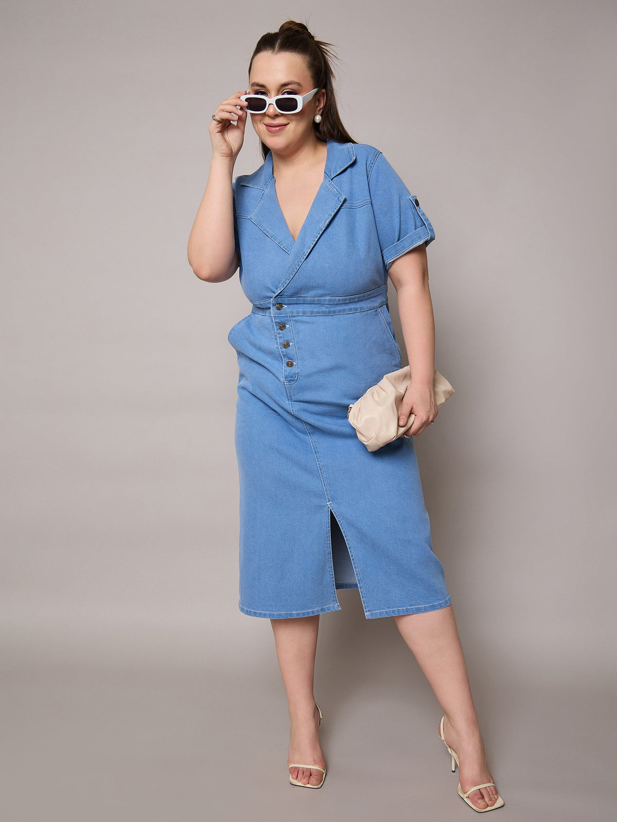 Ice Blue Acid Wash Denim Front Slit Midi Dress-SASSAFRAS Curve