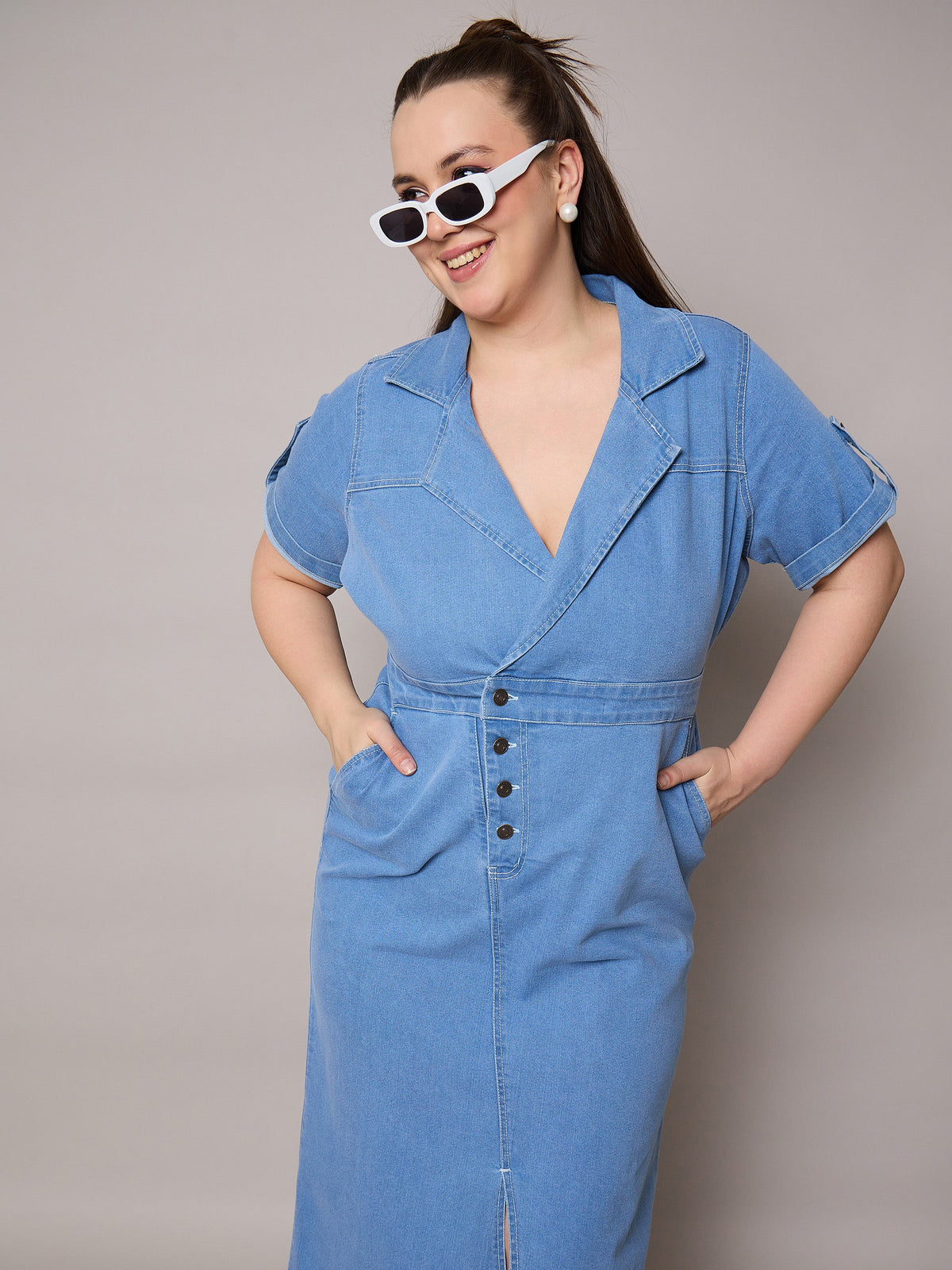 Ice Blue Acid Wash Denim Front Slit Midi Dress-SASSAFRAS Curve