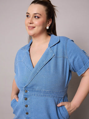 Ice Blue Acid Wash Denim Front Slit Midi Dress-SASSAFRAS Curve