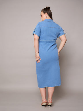 Ice Blue Acid Wash Denim Front Slit Midi Dress-SASSAFRAS Curve