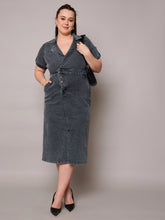 Black Acid Wash Denim Front Slit Midi Dress-SASSAFRAS Curve