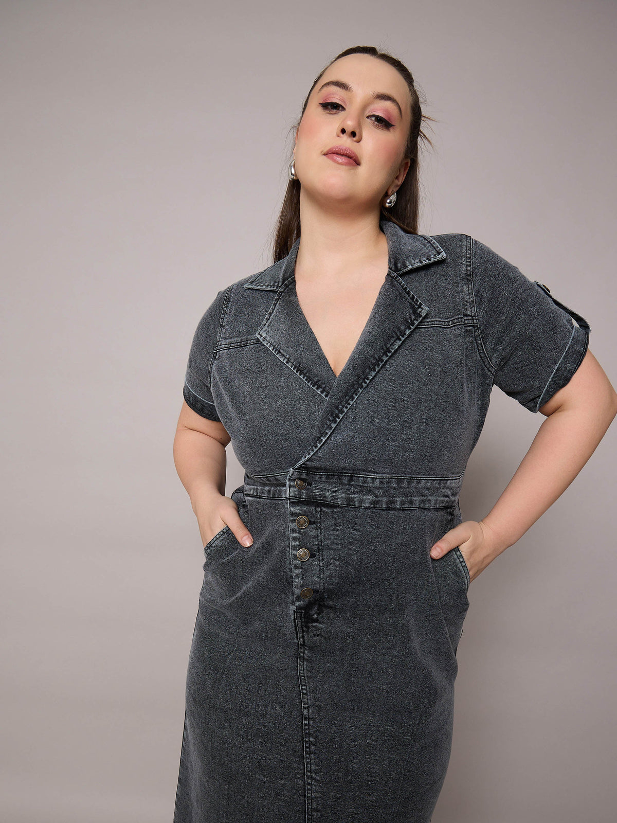 Black Acid Wash Denim Front Slit Midi Dress-SASSAFRAS Curve