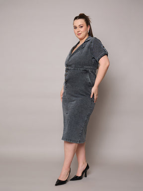 Black Acid Wash Denim Front Slit Midi Dress-SASSAFRAS Curve