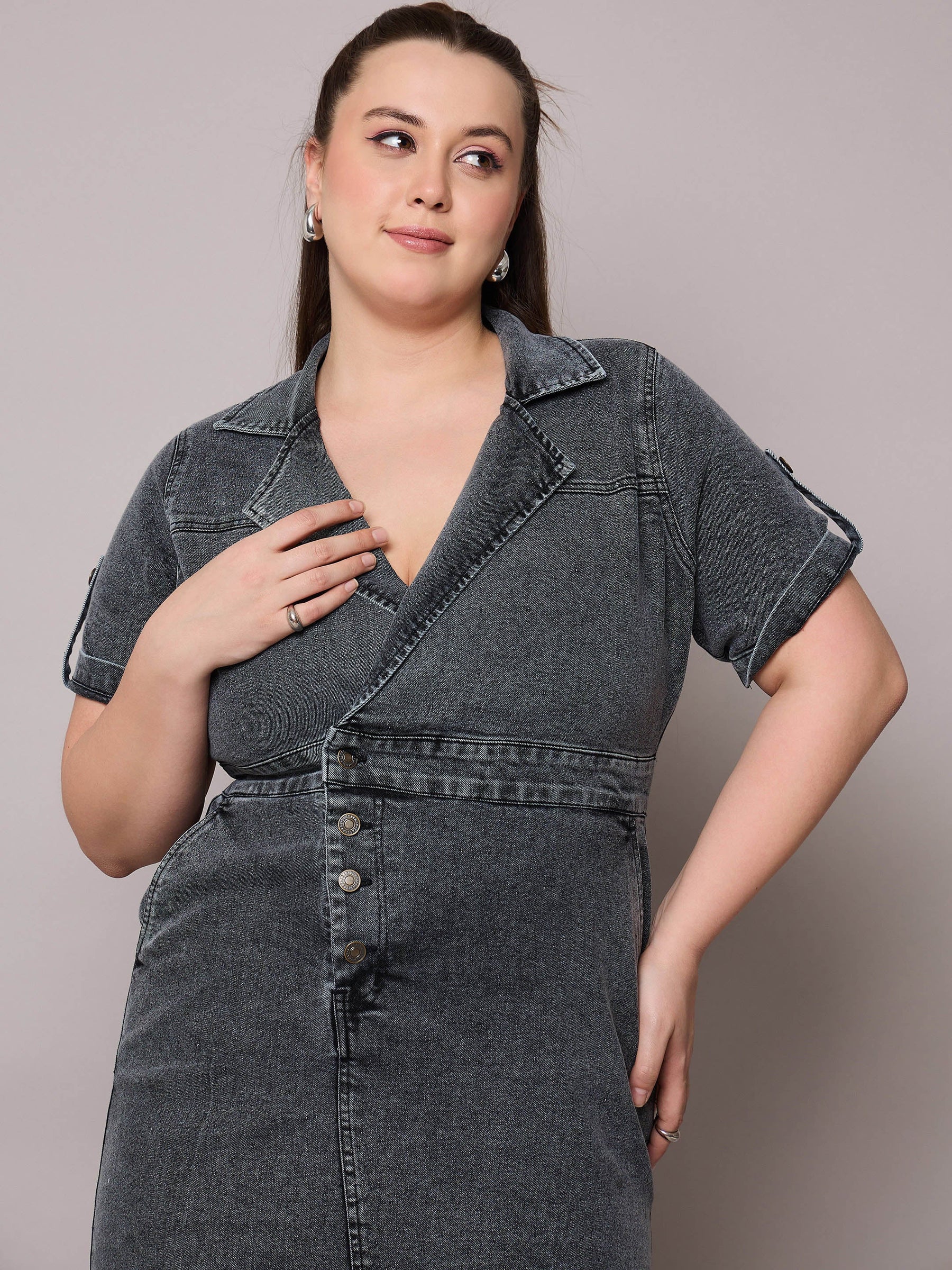 Black Acid Wash Denim Front Slit Midi Dress-SASSAFRAS Curve