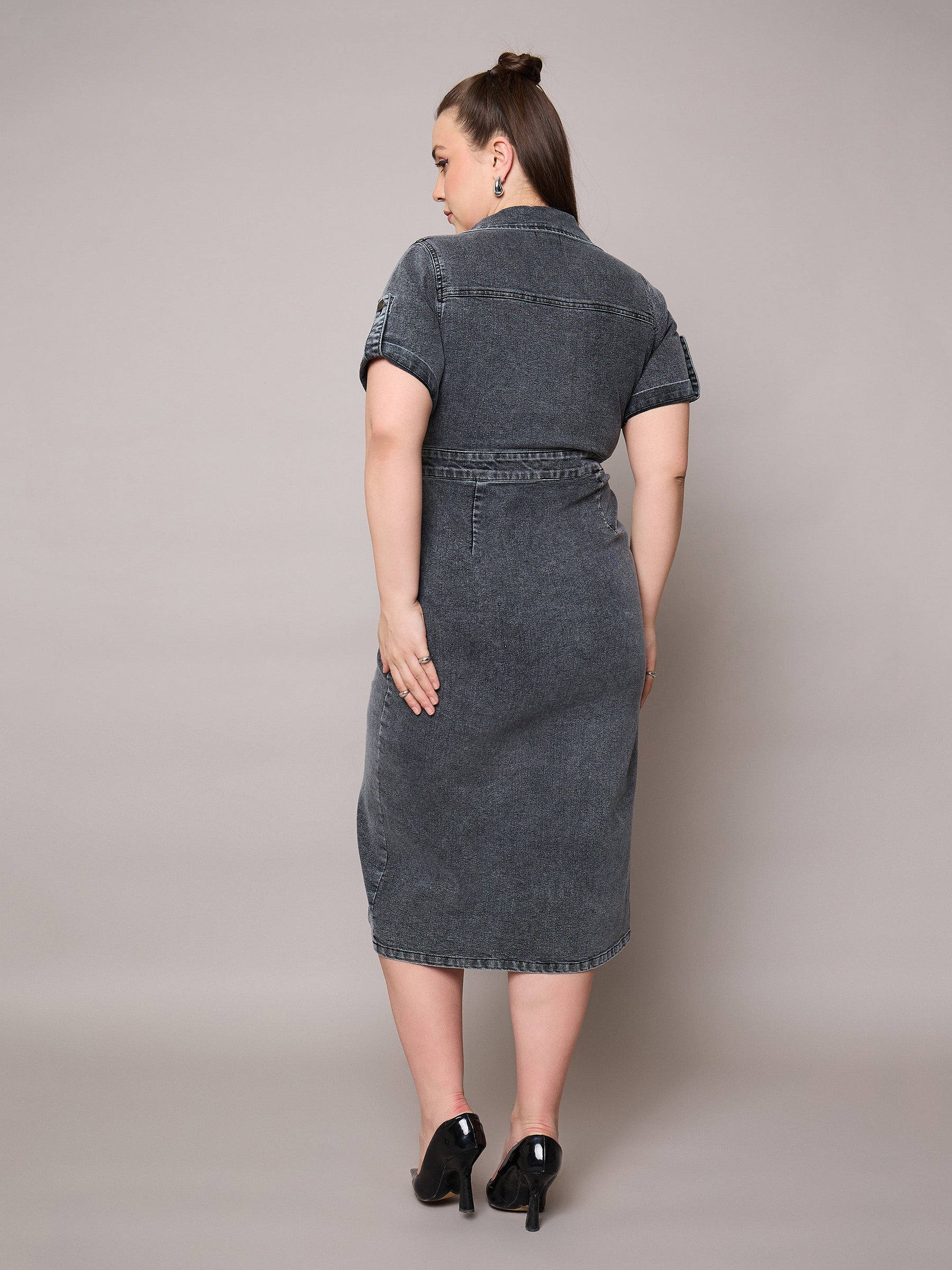 Black Acid Wash Denim Front Slit Midi Dress-SASSAFRAS Curve