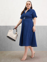 Navy Denim Front Zipper Flared Hem Midi Dress-SASSAFRAS Curve