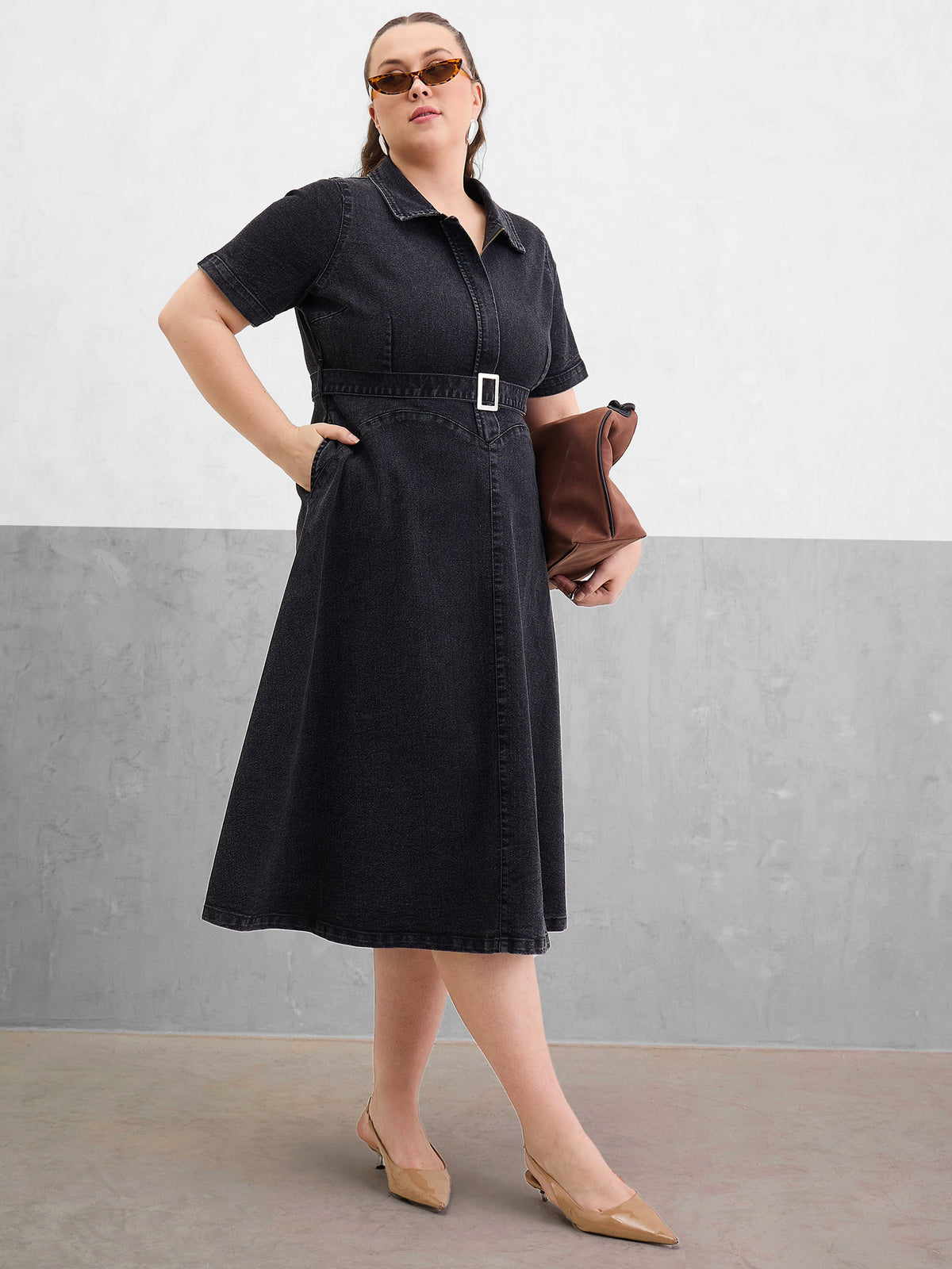Black Denim Front Zipper Flared Hem Midi Dress-SASSAFRAS Curve