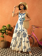 Women Blue & Off White Floral Strappy Back Cut Out Maxi Dress