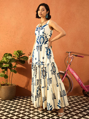 Women Blue & Off White Floral Strappy Back Cut Out Maxi Dress