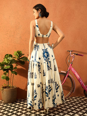 Women Blue & Off White Floral Strappy Back Cut Out Maxi Dress