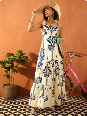 Women Blue & Off White Floral Strappy Back Cut Out Maxi Dress