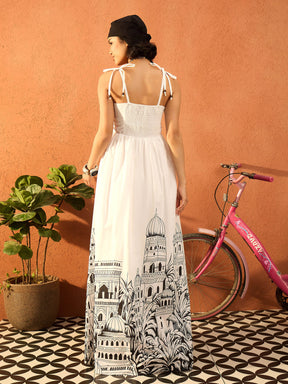 White Skyline Print Strappy Tie-up Maxi Dress-Pink Paprika By SASSAFRAS
