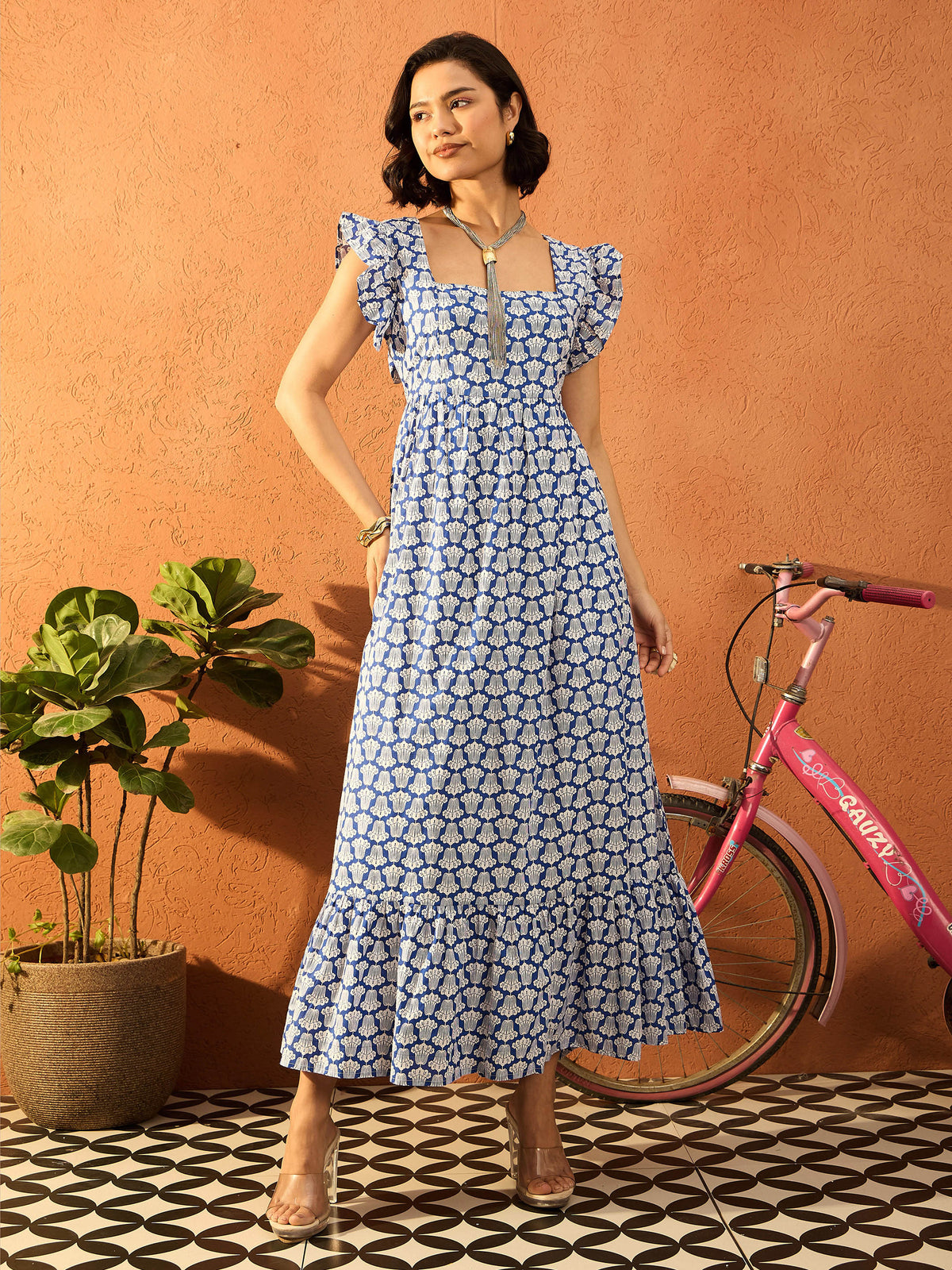 Blue & White Floral Back Knot Maxi Dress-Pink Paprika By SASSAFRAS