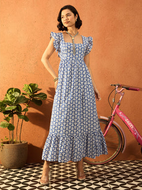 Blue & White Floral Back Knot Maxi Dress-Pink Paprika By SASSAFRAS