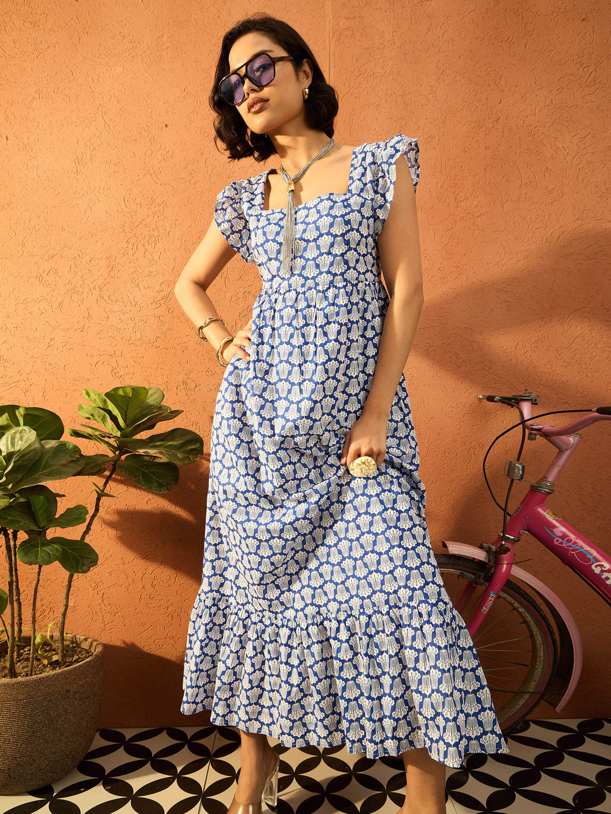 Blue & White Floral Back Knot Maxi Dress-Pink Paprika By SASSAFRAS