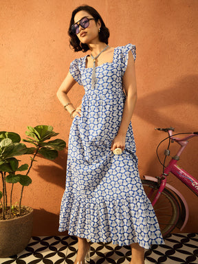 Blue & White Floral Back Knot Maxi Dress-Pink Paprika By SASSAFRAS