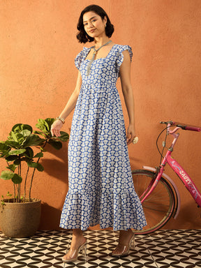 Blue & White Floral Back Knot Maxi Dress-Pink Paprika By SASSAFRAS