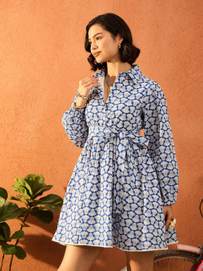 Blue & White Floral Front Button Short Dress-Pink Paprika By SASSAFRAS
