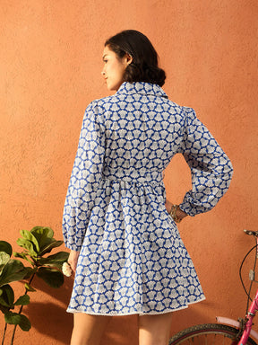 Blue & White Floral Front Button Short Dress-Pink Paprika By SASSAFRAS