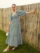 Women Green & White Stripe Tiered Maxi Dress