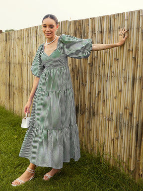 Women Green & White Stripe Tiered Maxi Dress