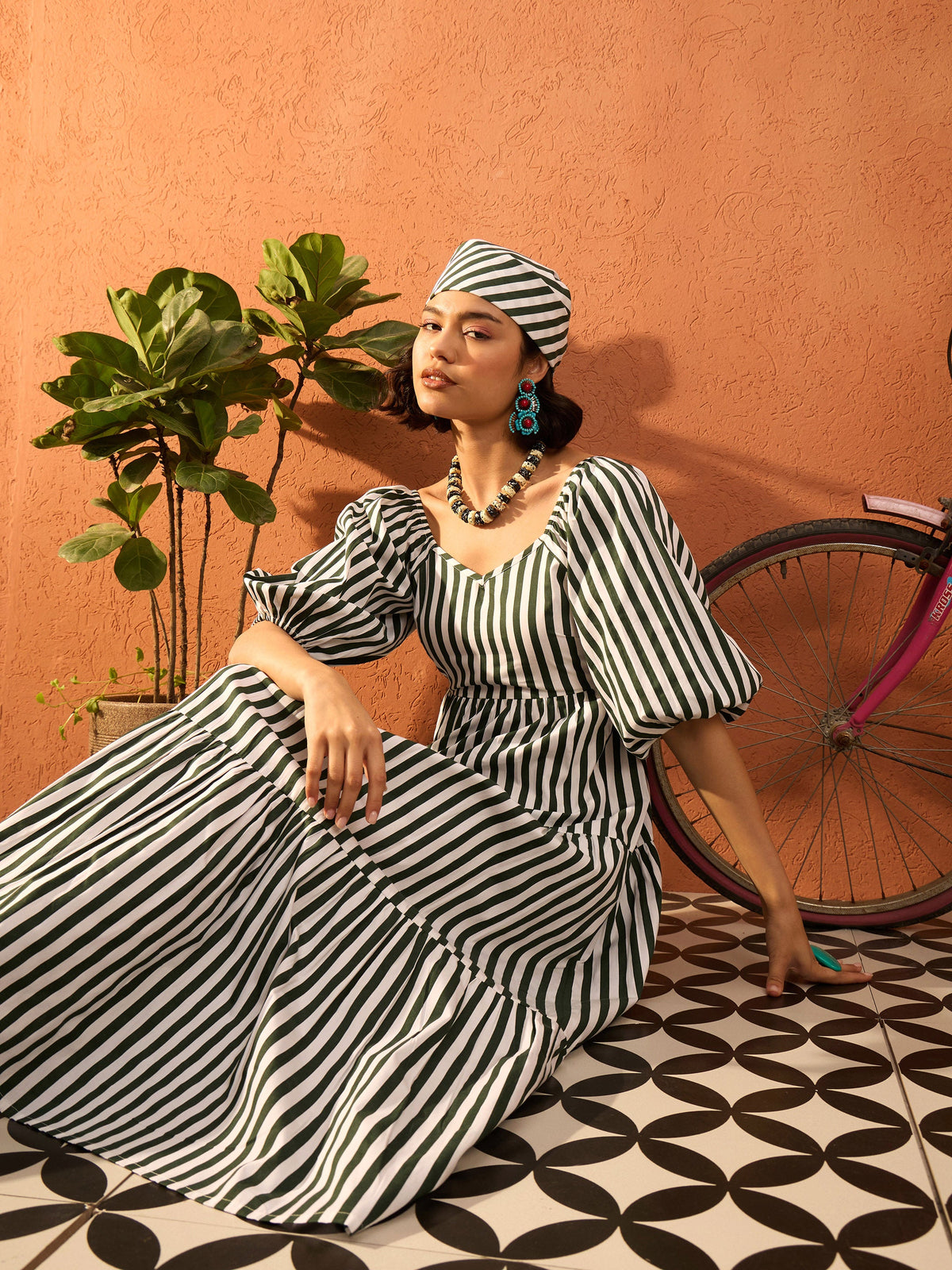 Green & White Stripe Tiered Maxi Dress-Pink Paprika By SASSAFRAS