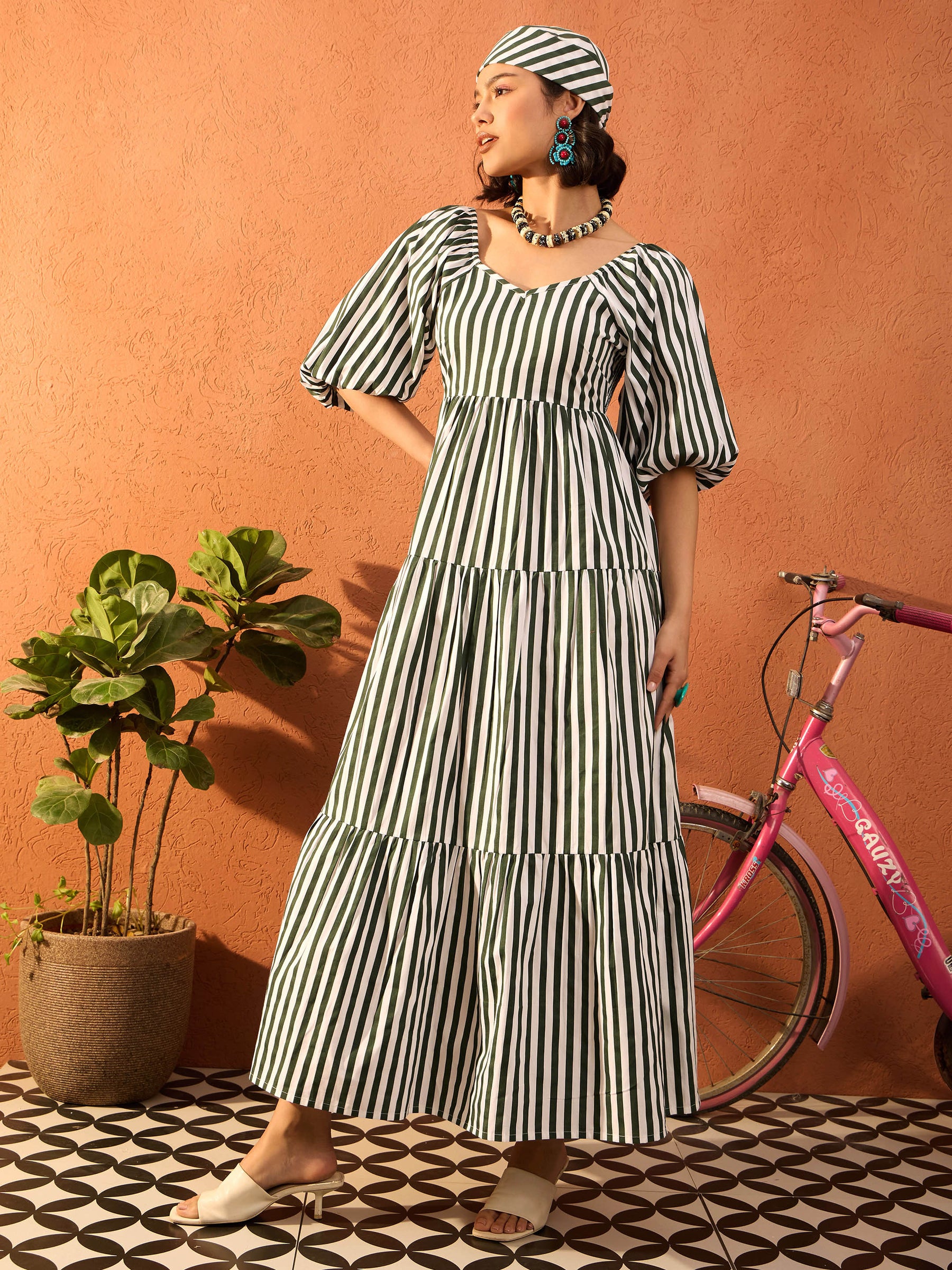 Green & White Stripe Tiered Maxi Dress-Pink Paprika By SASSAFRAS