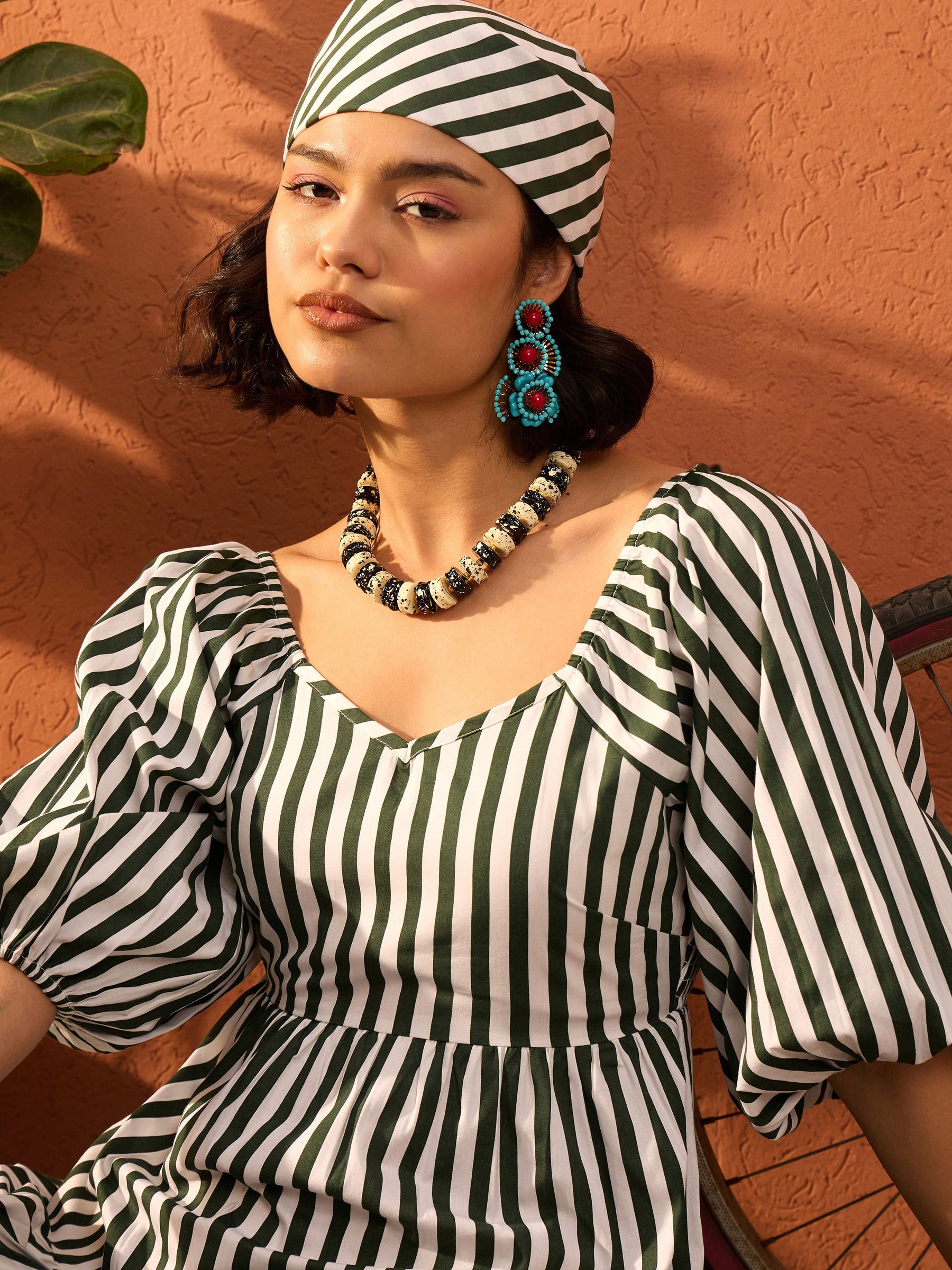 Green & White Stripe Tiered Maxi Dress-Pink Paprika By SASSAFRAS
