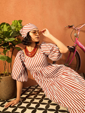 Brown & White Stripe Tiered Maxi Dress-Pink Paprika By SASSAFRAS