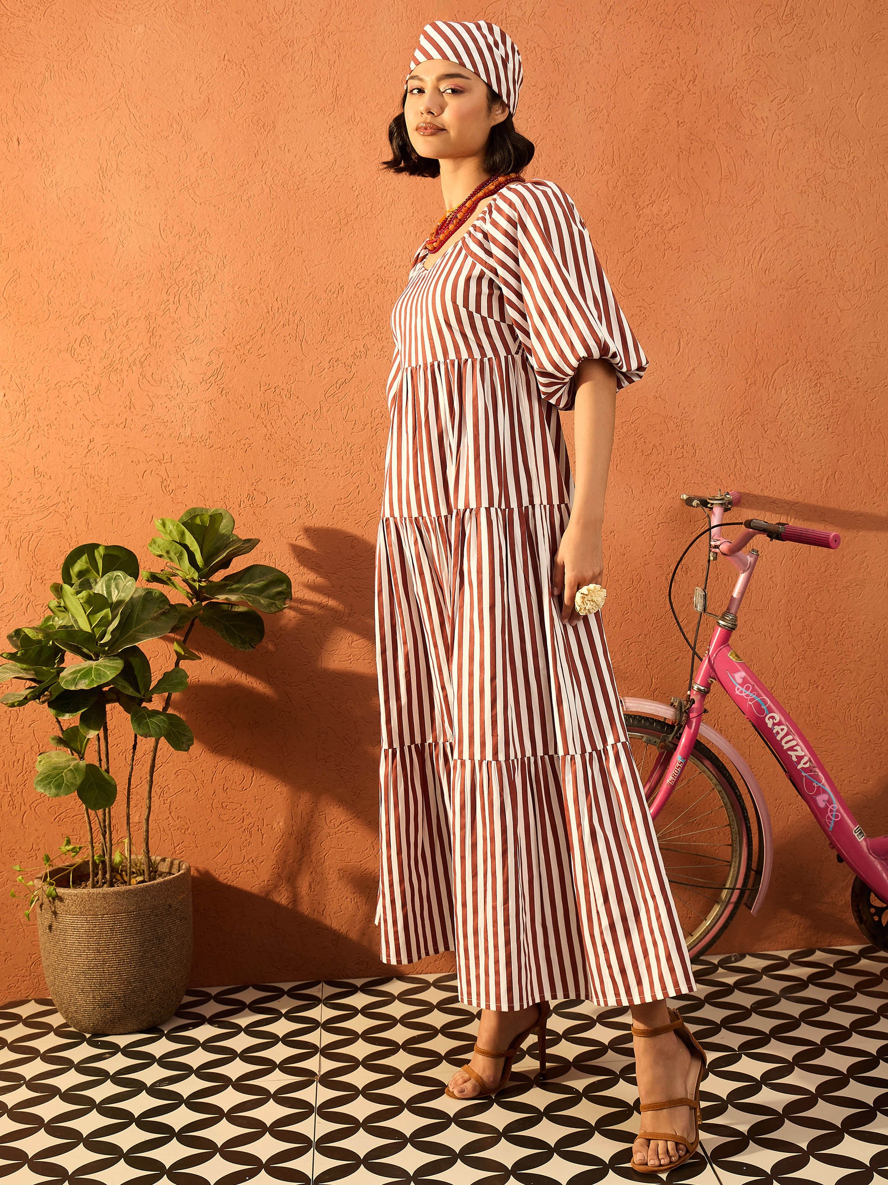 Brown & White Stripe Tiered Maxi Dress-Pink Paprika By SASSAFRAS