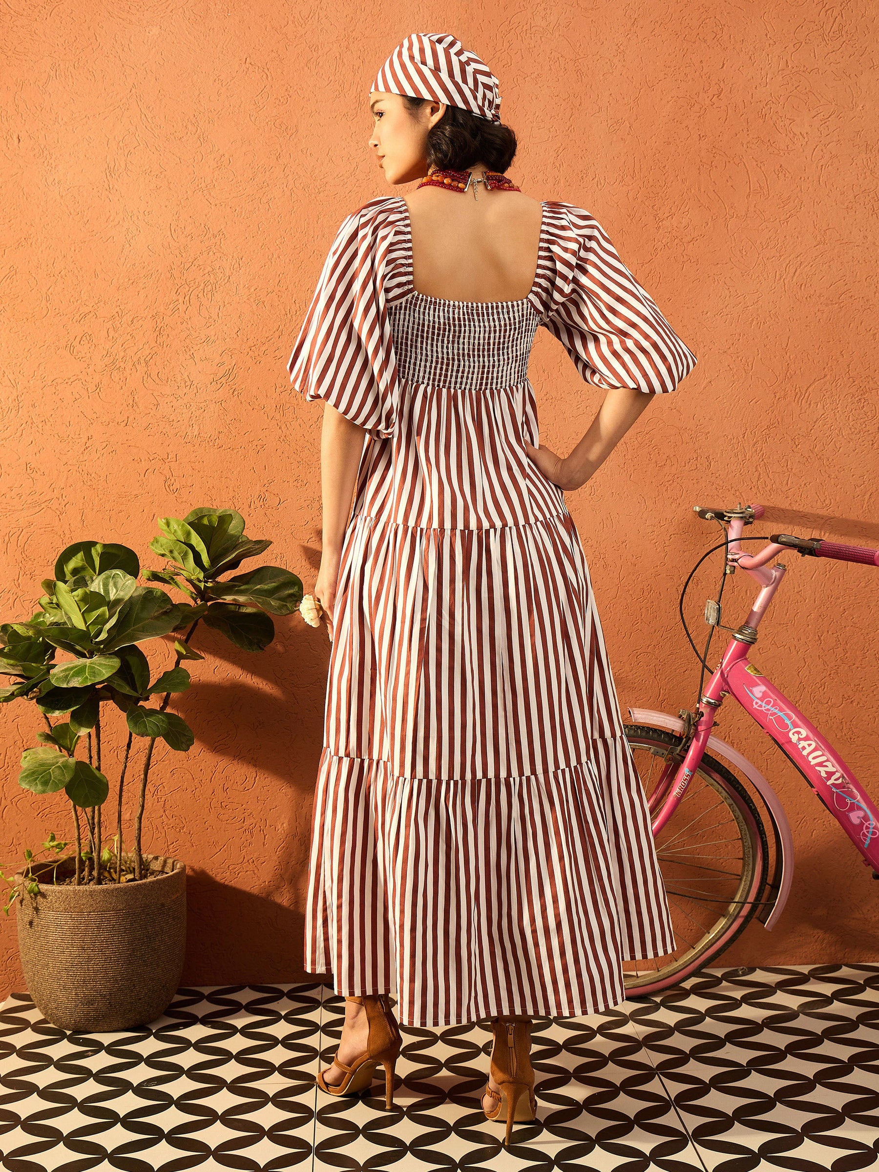 Brown & White Stripe Tiered Maxi Dress-Pink Paprika By SASSAFRAS