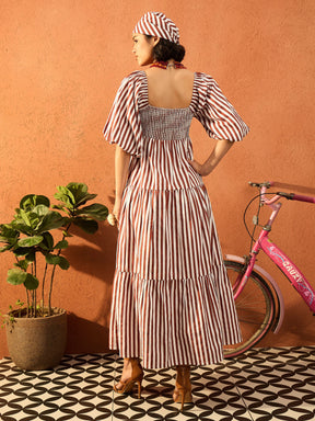 Brown & White Stripe Tiered Maxi Dress-Pink Paprika By SASSAFRAS