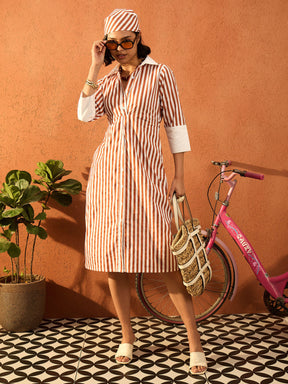 Brown & White Stripe Contrast Collar Midi Dress-Pink Paprika By SASSAFRAS