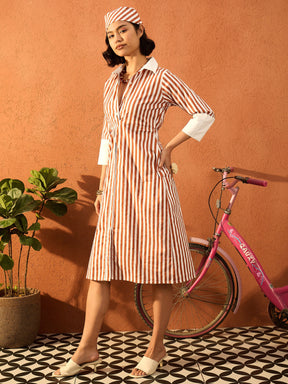 Brown & White Stripe Contrast Collar Midi Dress-Pink Paprika By SASSAFRAS