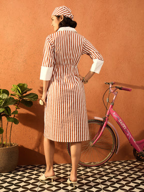 Brown & White Stripe Contrast Collar Midi Dress-Pink Paprika By SASSAFRAS