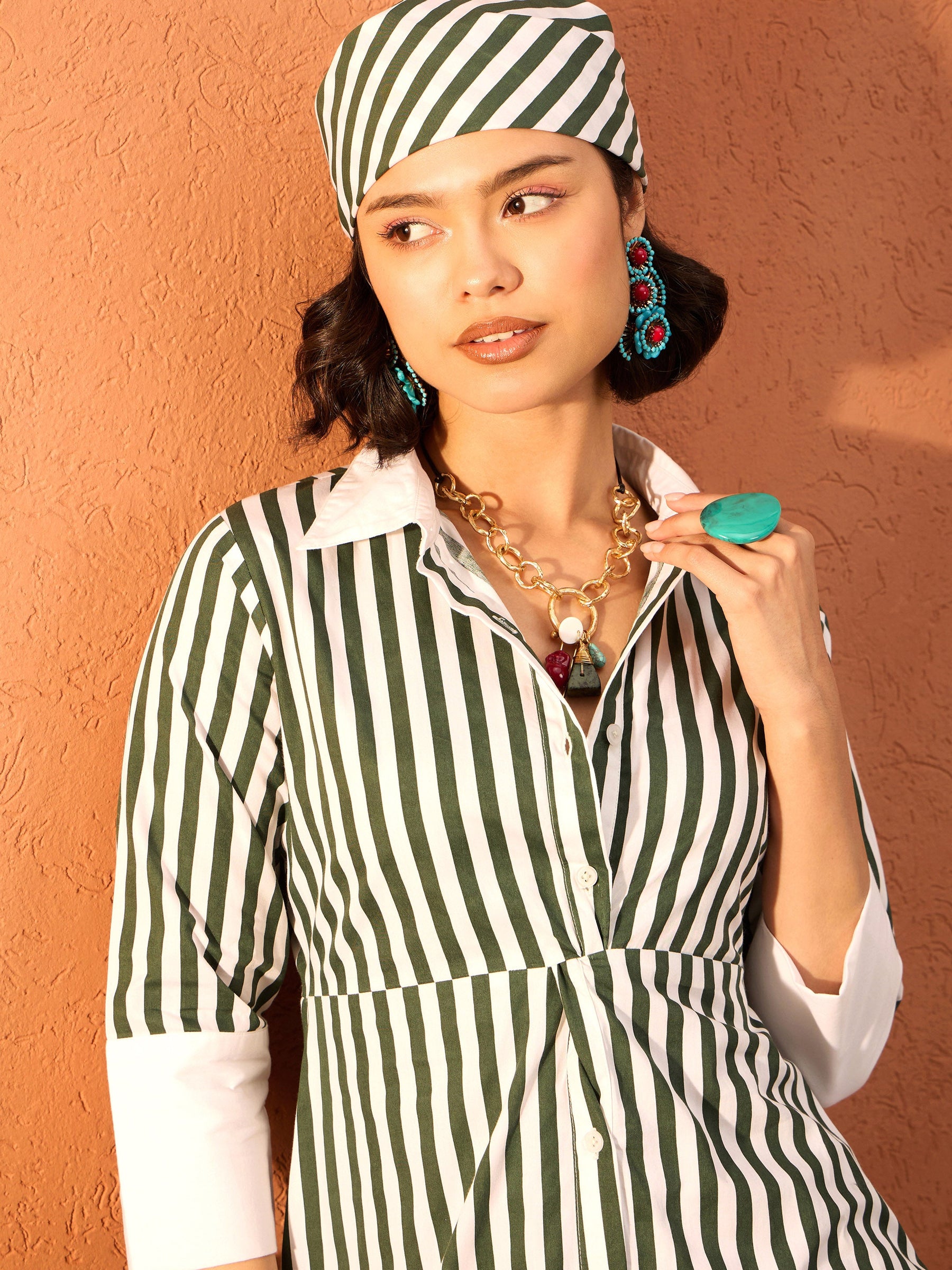 Green & White Stripe Contrast Collar Midi Dress-Pink Paprika By SASSAFRAS