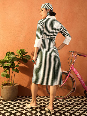 Green & White Stripe Contrast Collar Midi Dress-Pink Paprika By SASSAFRAS