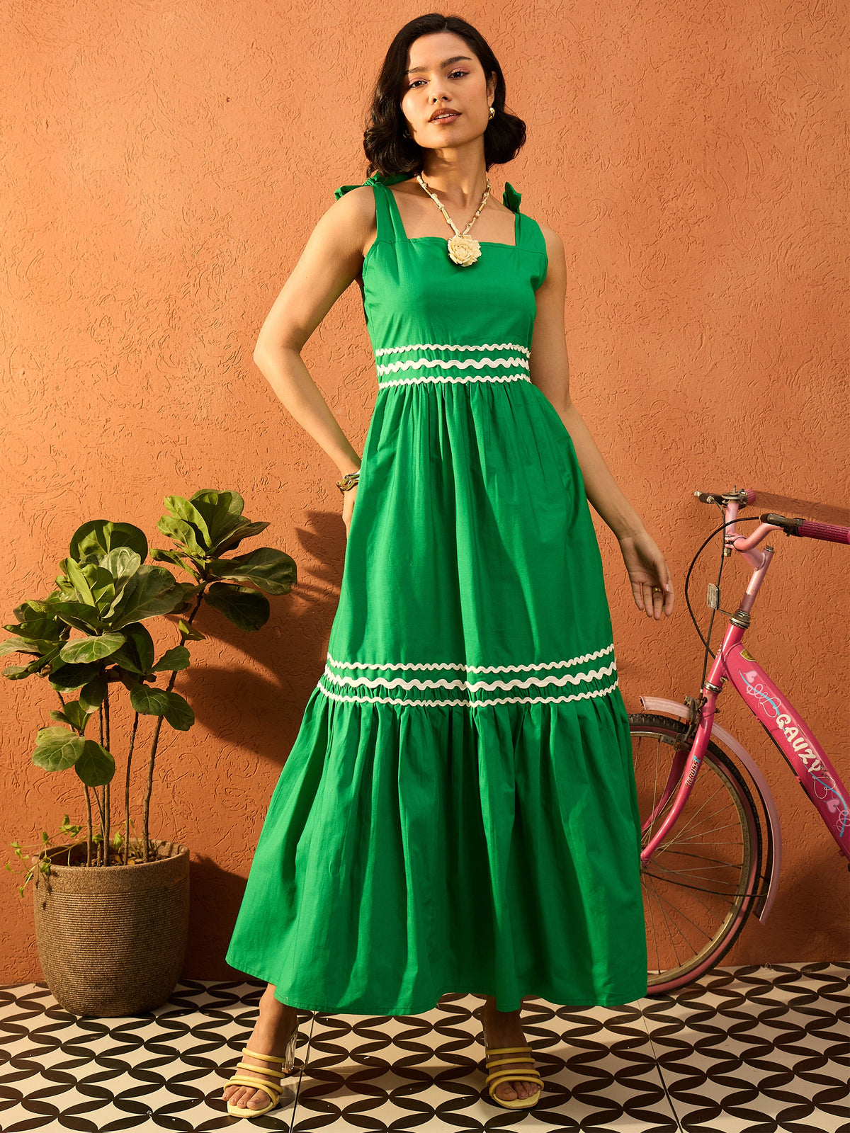 Green Ric Rac Lace Strappy Tiered Midi Dress-Pink Paprika By SASSAFRAS