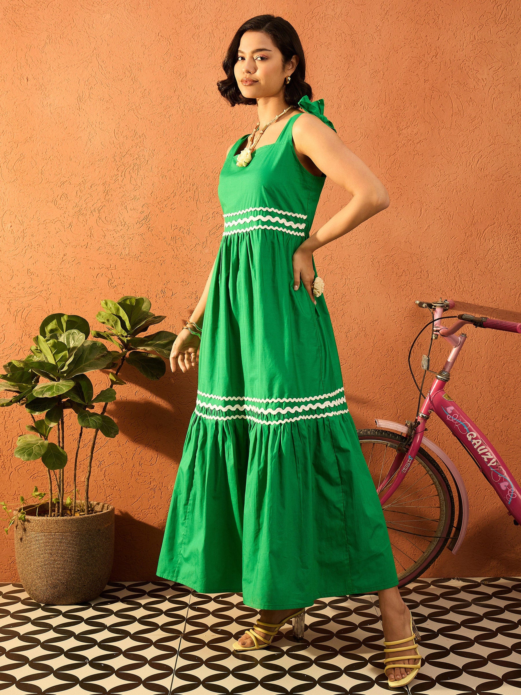 Green Ric Rac Lace Strappy Tiered Midi Dress-Pink Paprika By SASSAFRAS